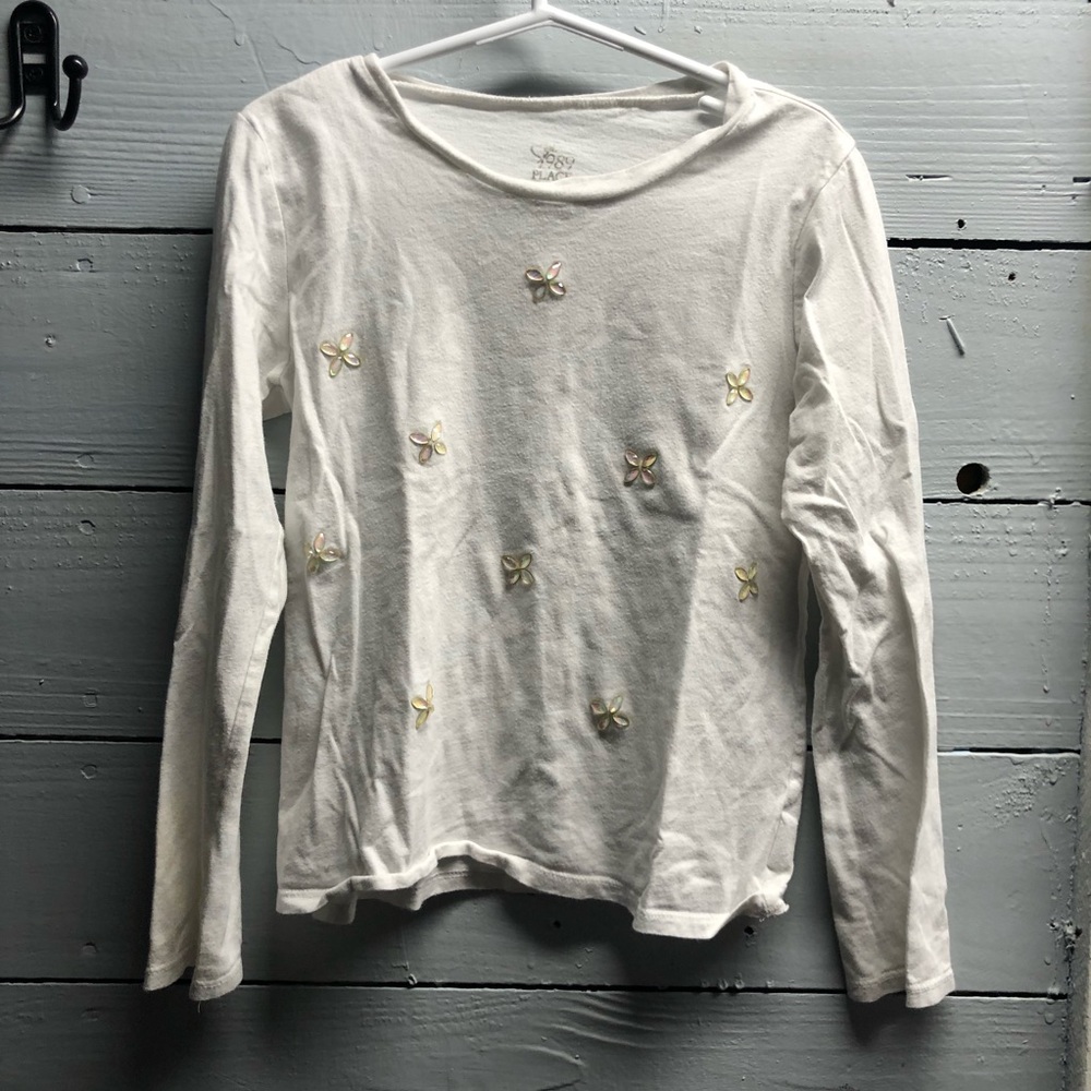 Childrens Place Girls Embellished Long Sleeve Blouse White and Silver Medium